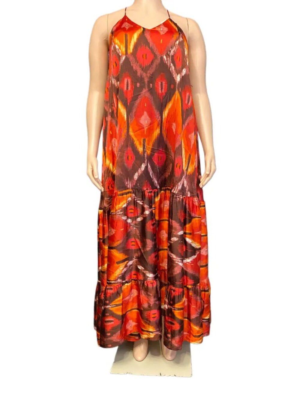 Guess Orange Multi Ikat Print Halter Angelica Maxi Dress